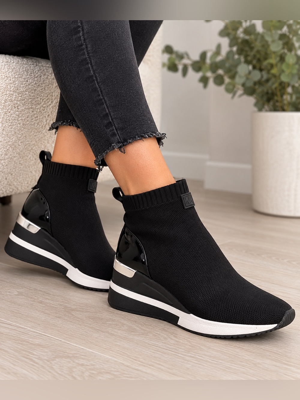 Michael Kors Black Knit Sock Sneaker Wedge Ankle Boots